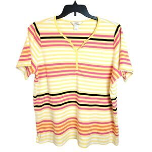 CJ Banks Top Women's Plus Size 2X Pink Yellow Striped Split Neck Short Sleeve